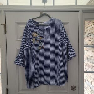 Signature Collection Blue White Embroidered Floral Tunic Blouse Size 3X Artsy